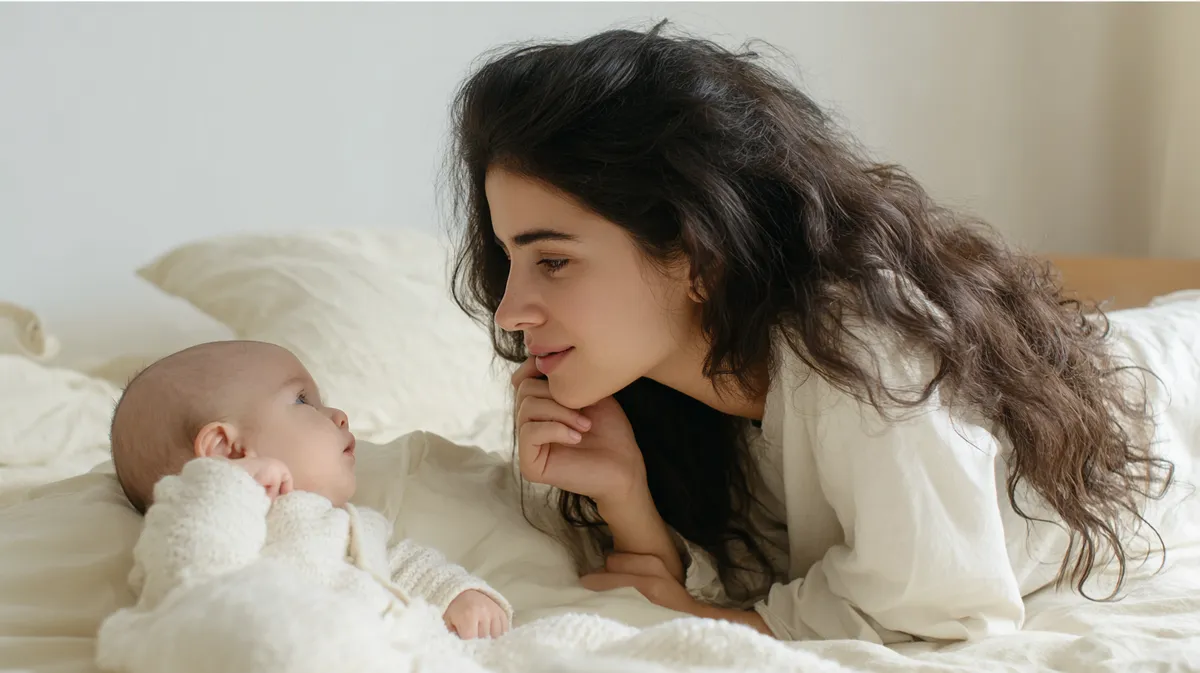 Mamá con su bebé en un momento cálido en casa antes de volver al trabajo